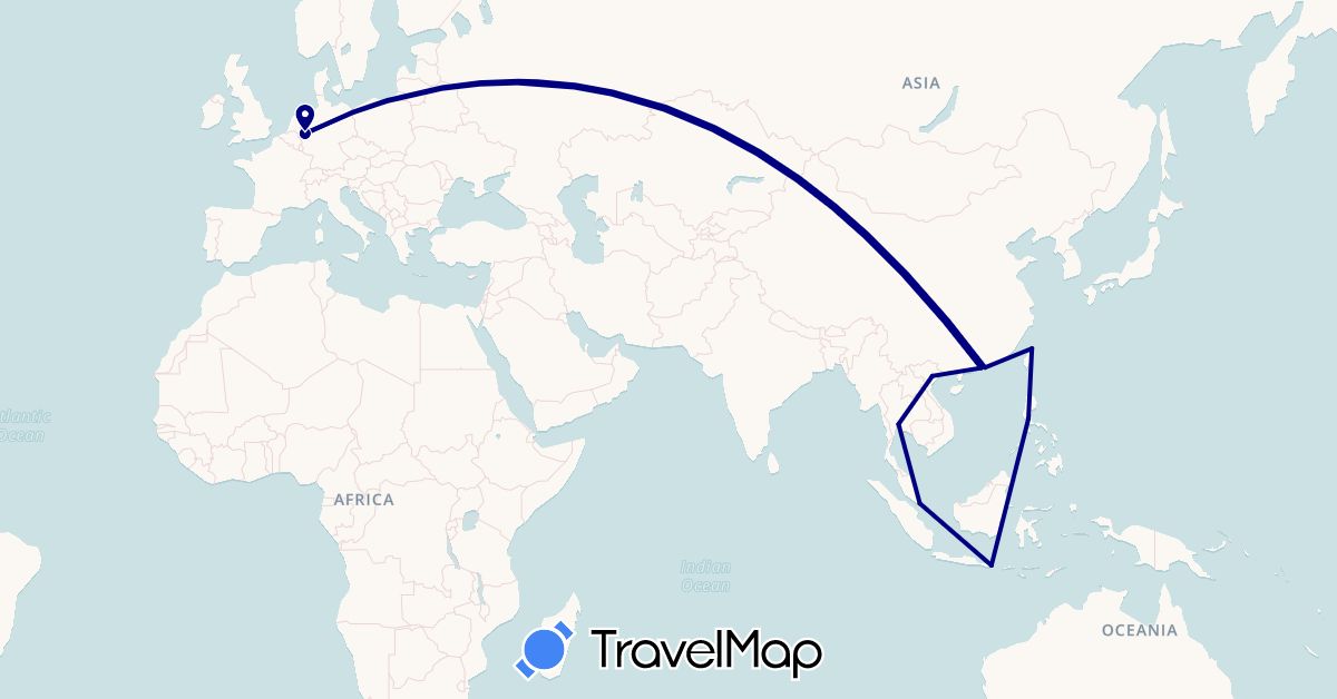 TravelMap itinerary: driving in Germany, Hong Kong, Indonesia, Macau, Philippines, Singapore, Thailand, Taiwan, Vietnam (Asia, Europe)